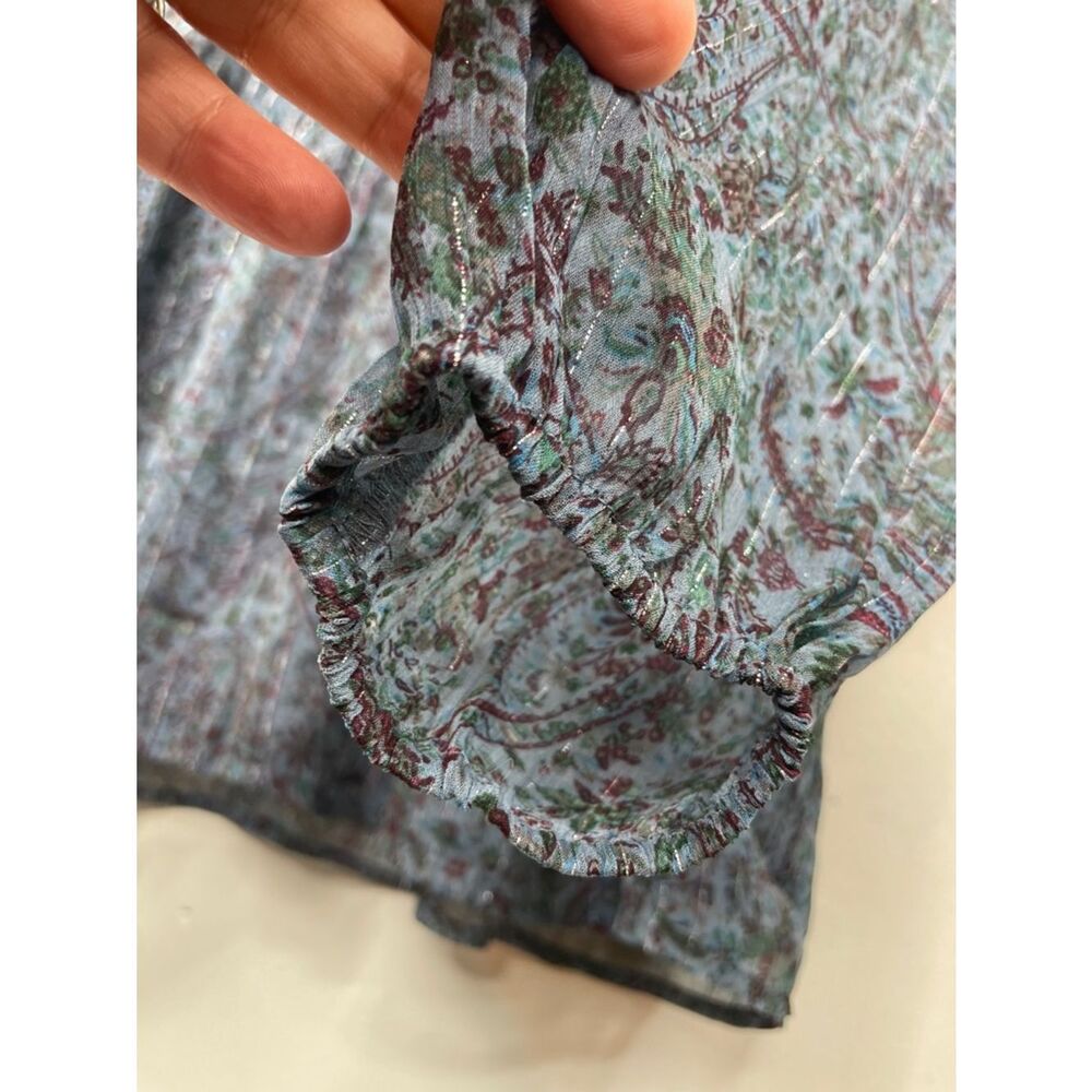 Lucky Brand Teal Blue Paisley V-Neck Long Sleeve Blouse peasant boho size Large - Picture 6 of 16